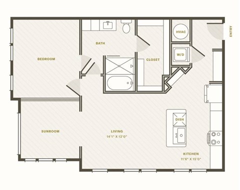 Floor plan for 1 bed, 1 bath, 966 sqft